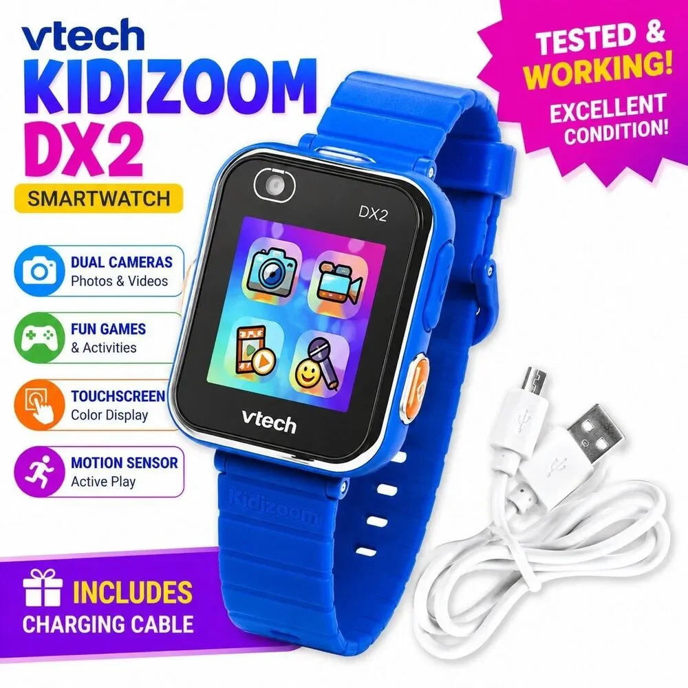 VTech KidiZoom Smartwatch DX2 Blue Kids Smart Watch Camera Games Charger Tested